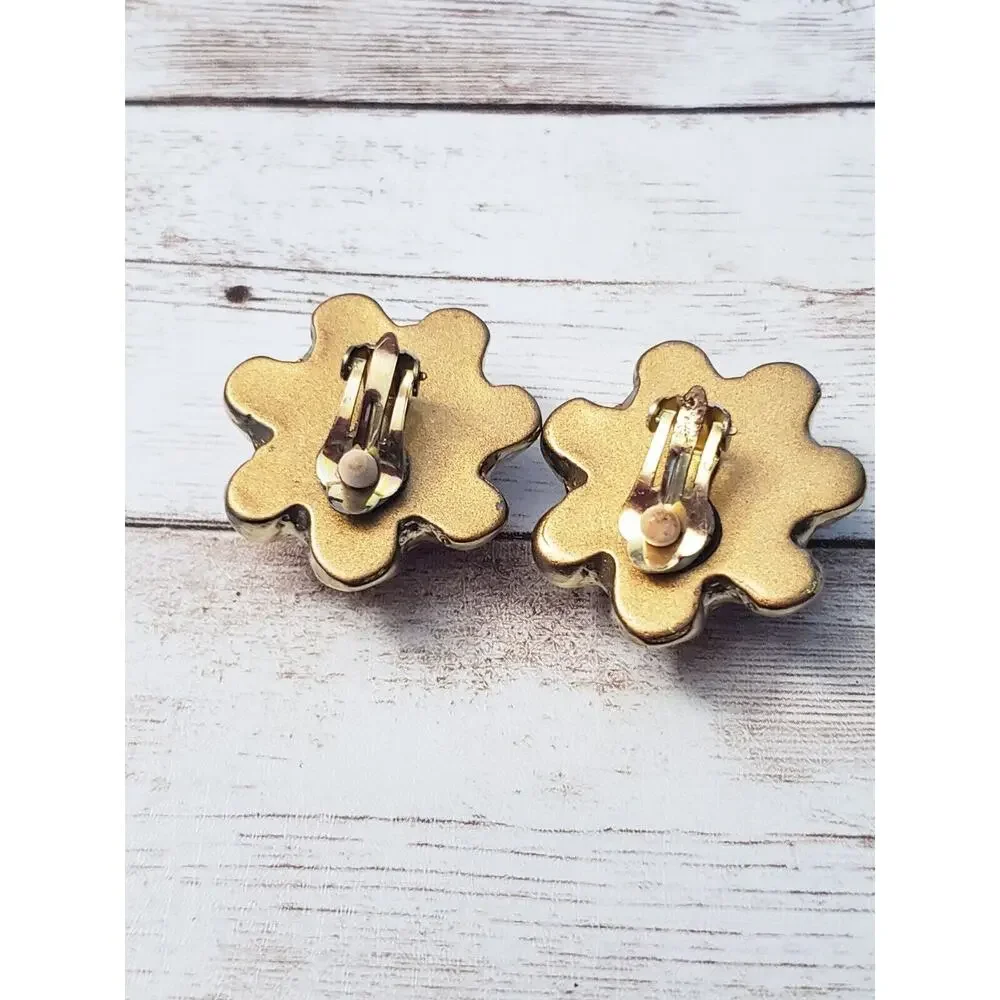Vintage Clip On Earrings Large Statement Earrings Red with Flower Like Halo